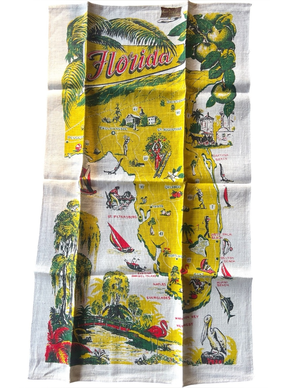 Vintage Kay Dee Florida Map Linen Tea Towel Retro MCM Souvenir Decor